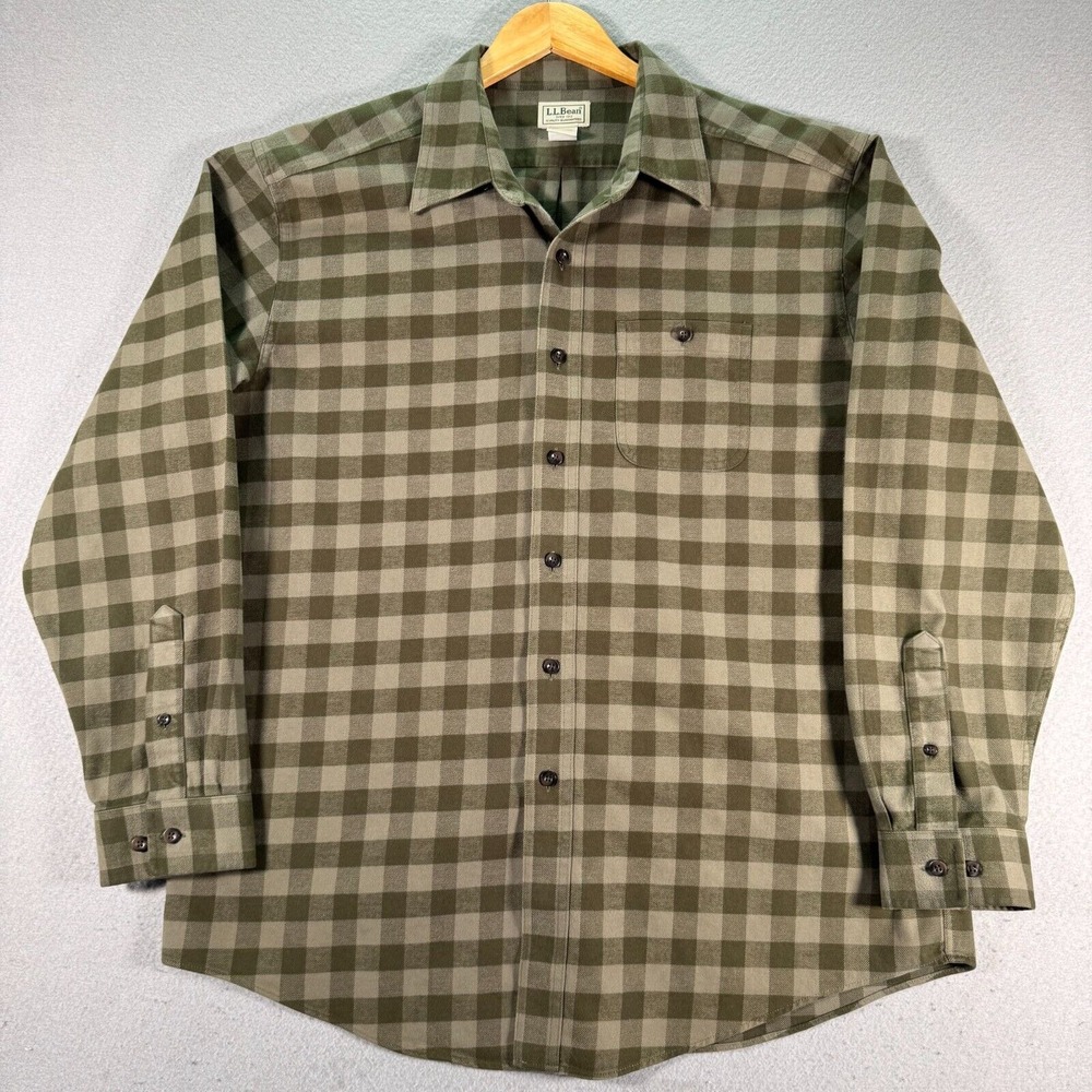 L.L. Bean Sportsman Flannel Shirt Mens Large Green Gingham Check 266845